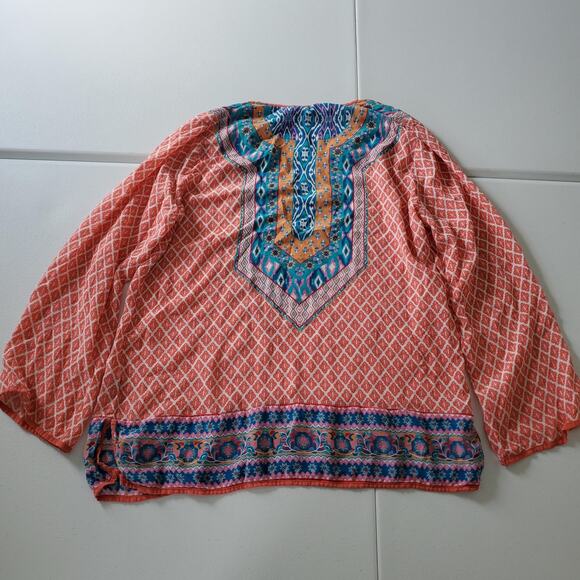 Tolani Shirt Womens Large Orange Multicolor Silk Boho Tunic Ikat Top Blouse - Picture 2 of 8